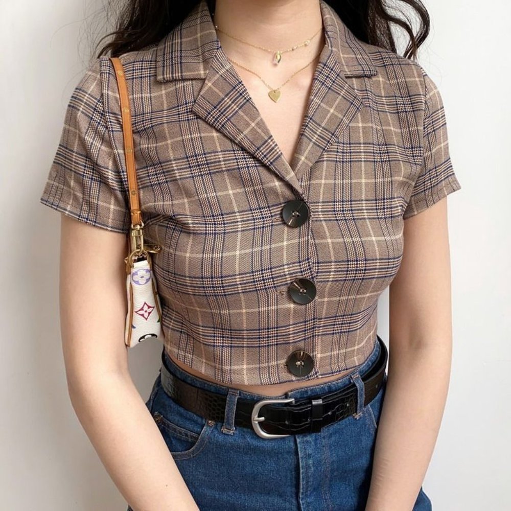 Vintage Plaid Button Up Blouse